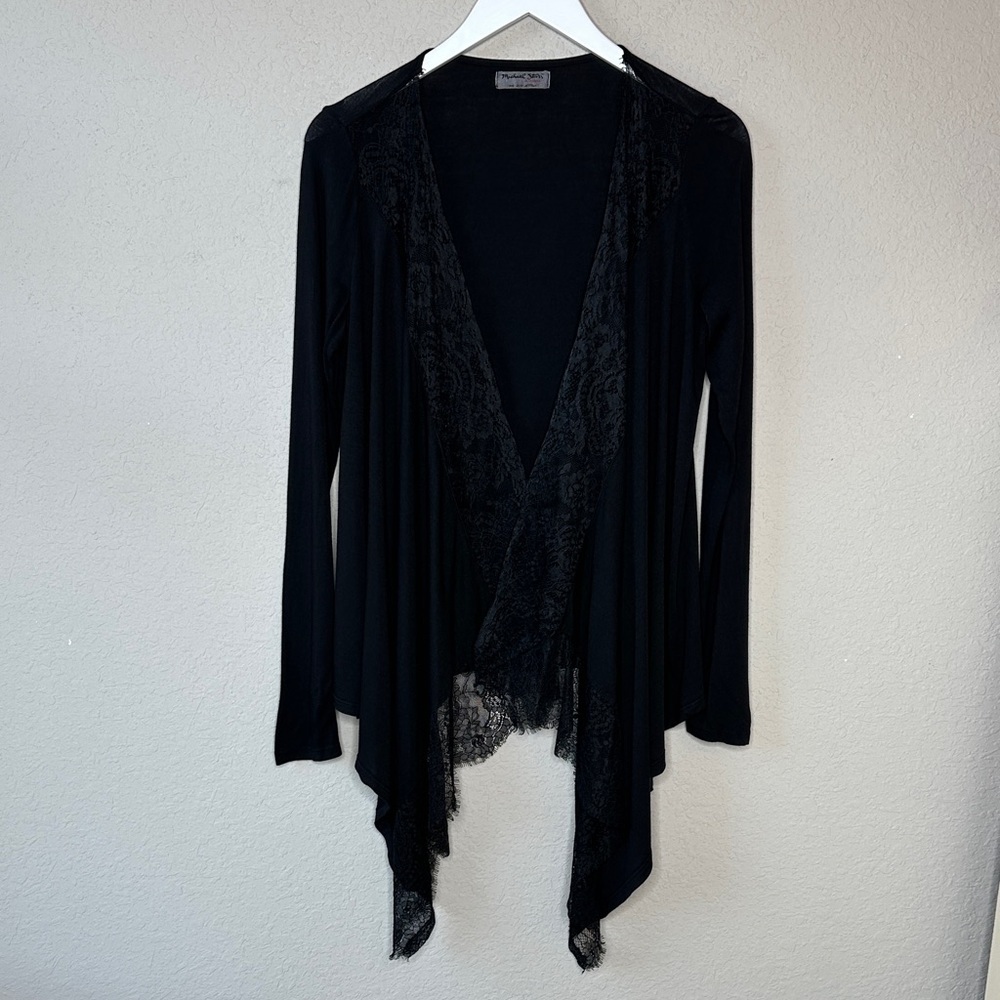 Michael‎ Stars Black Lace Trim Open Front Long Sleeve Waterfall Cardigan